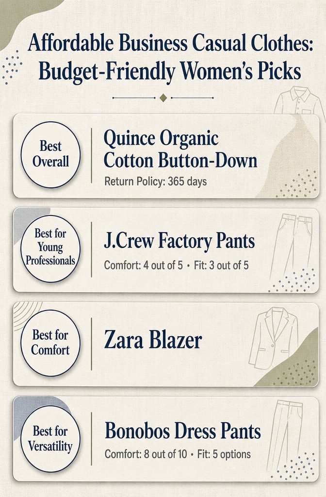 Infographic comparing different business casual clothing options for women