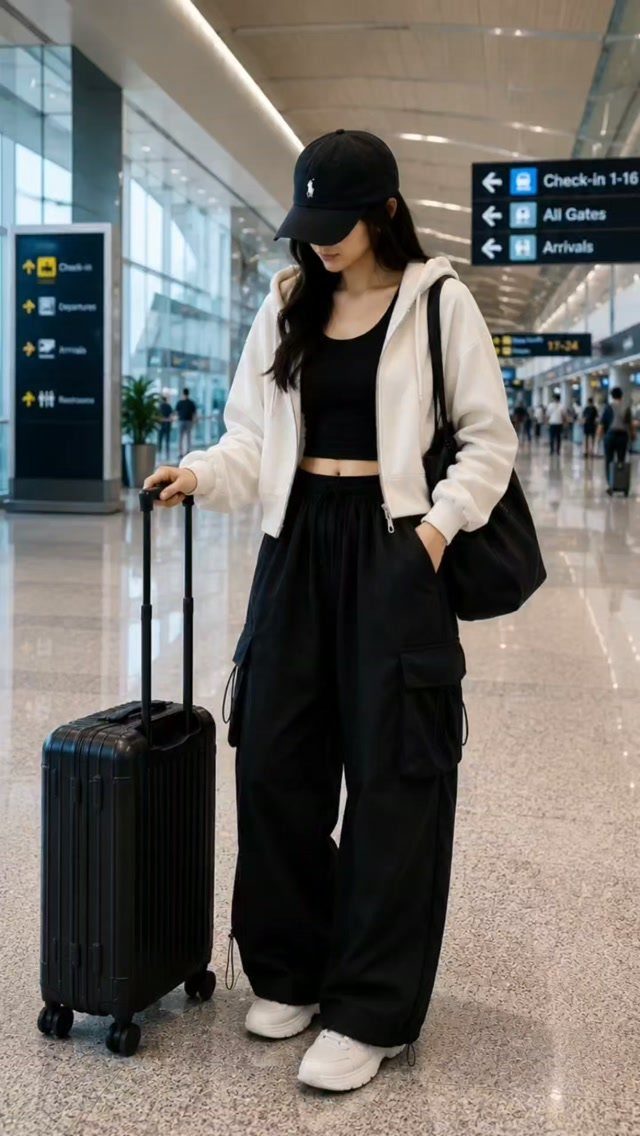 A woman in a white hoodie and black cargo pants stands with a black suitcase in an airport.