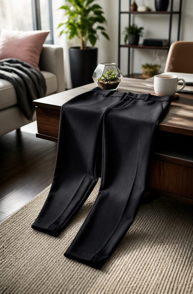 A pair of ponte knit trousers laid out flat.