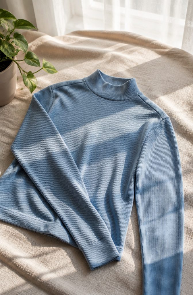 A fine-gauge mock neck turtleneck laid out flat.