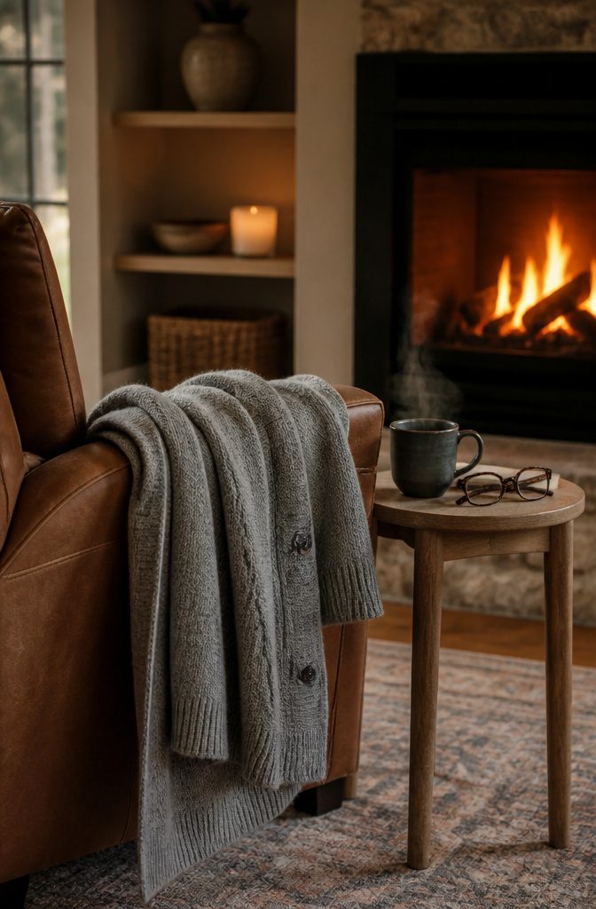 A soft oversized cardigan draped over a chair.