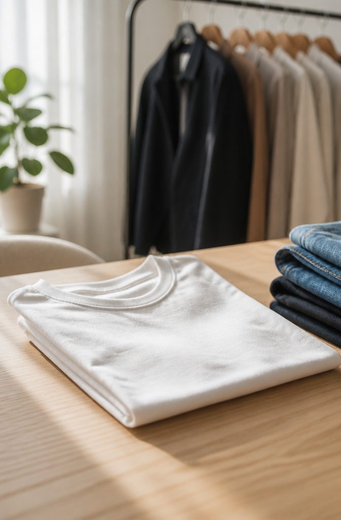 A neatly folded classic white t-shirt on a light wooden table.
