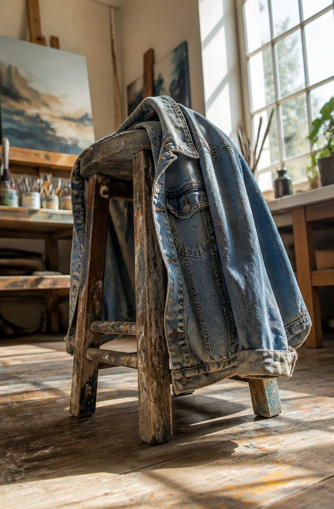 A denim jacket hanging on a hook.