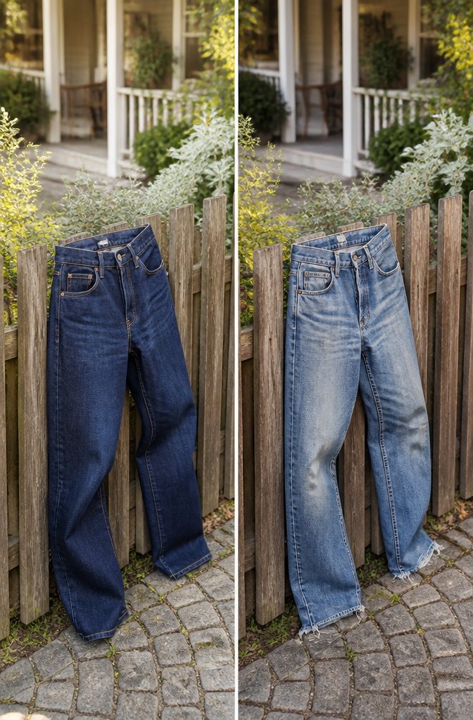 A pair of high-waisted jeans displayed on a surface.