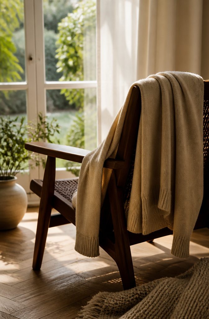 A soft, lightweight sweater draped over a chair.