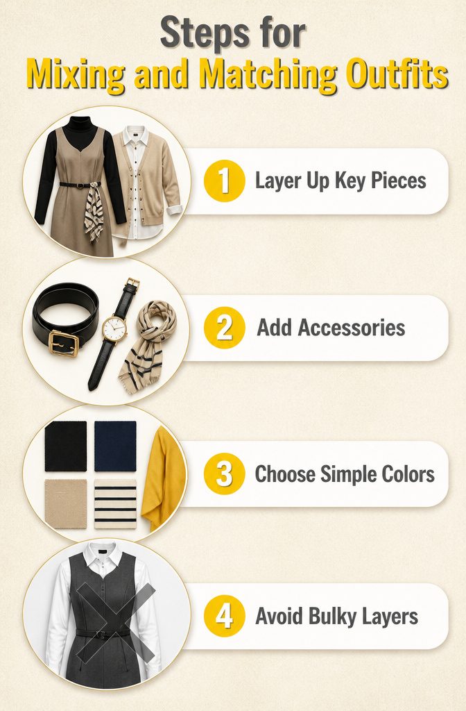 An infographic showing steps for mixing and matching outfits.