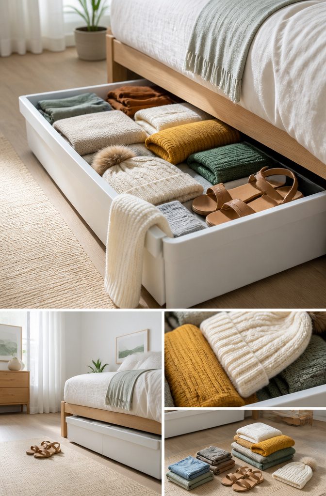 A collection of seasonal items including a beanie and sandals.