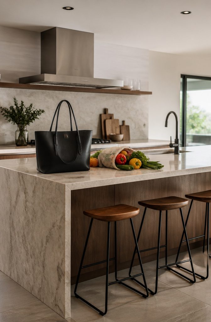 A stylish tote bag resting on a surface.