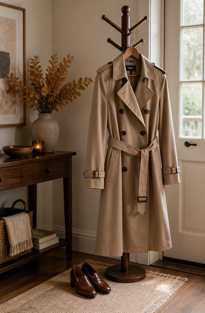 A trench coat displayed on a hanger.