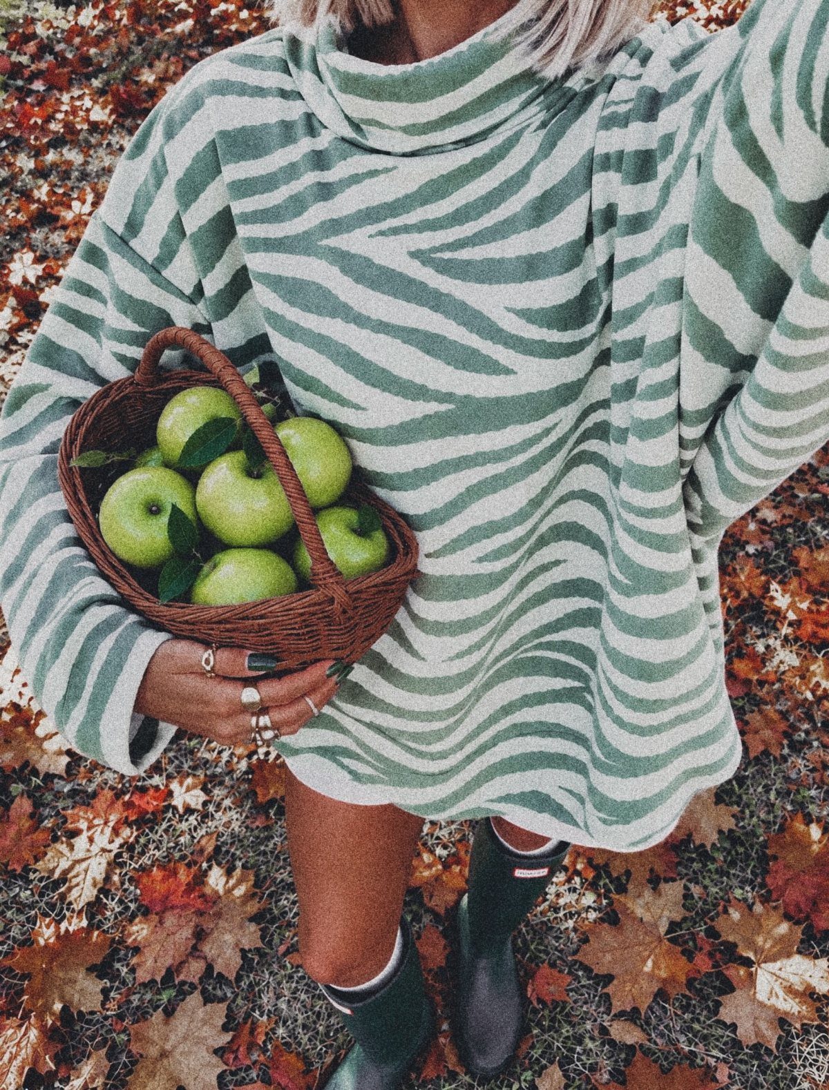 Person in a green wavy oversized sweater holding a basket of green apples on autumn leaves.