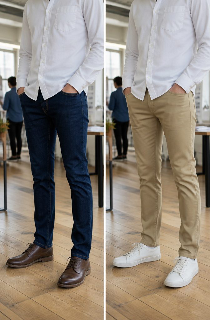 A photograph discussing the business casual nature of jeans.