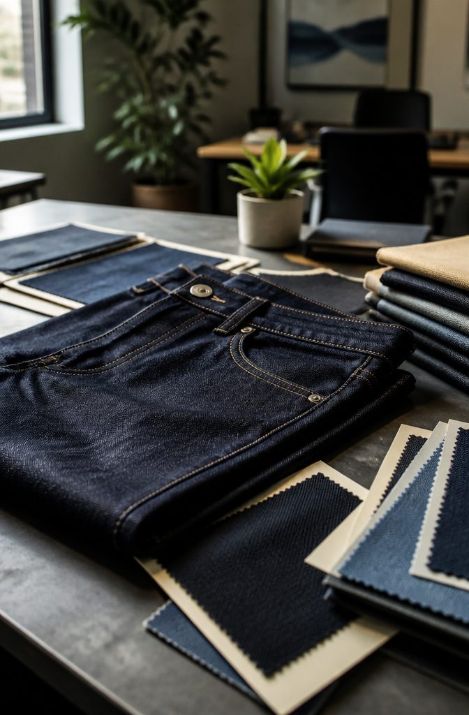 Close-up of high-quality dark denim jeans on an industrial desk.