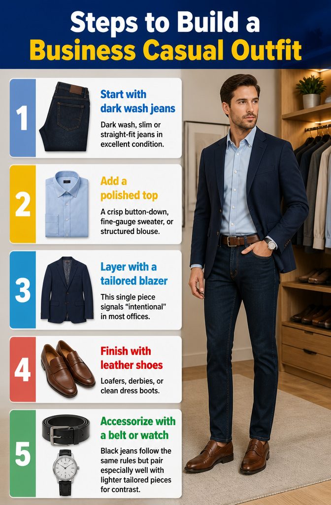 A step-by-step guide to creating a business casual outfit.
