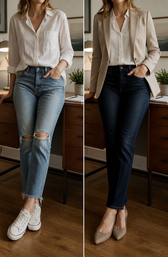 A close-up of dark wash jeans suitable for business casual.
