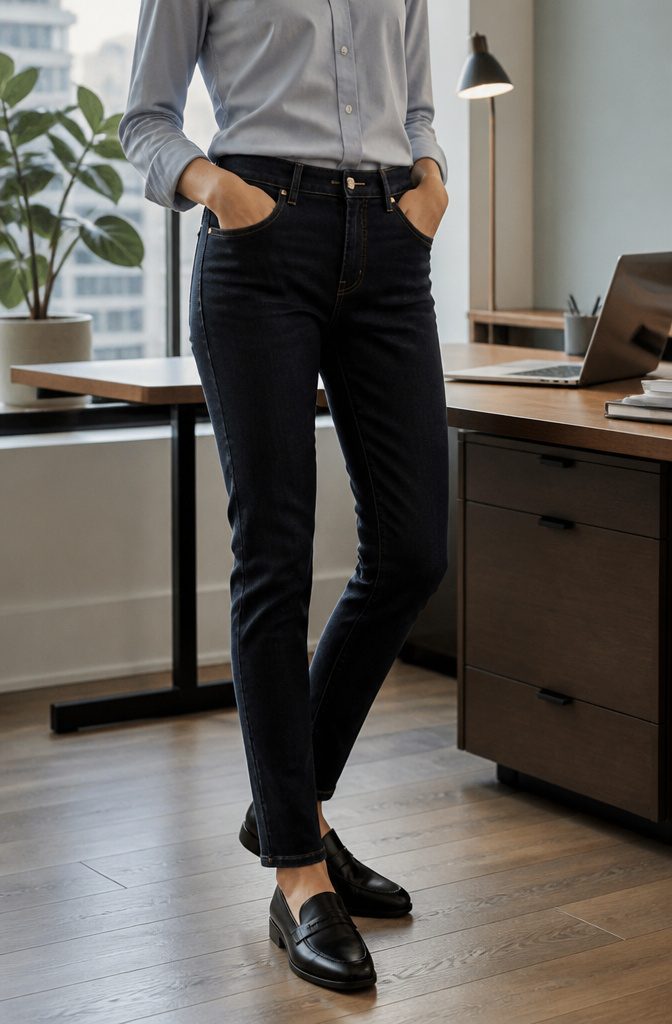 A pair of tailored dark jeans displayed in a professional workspace.