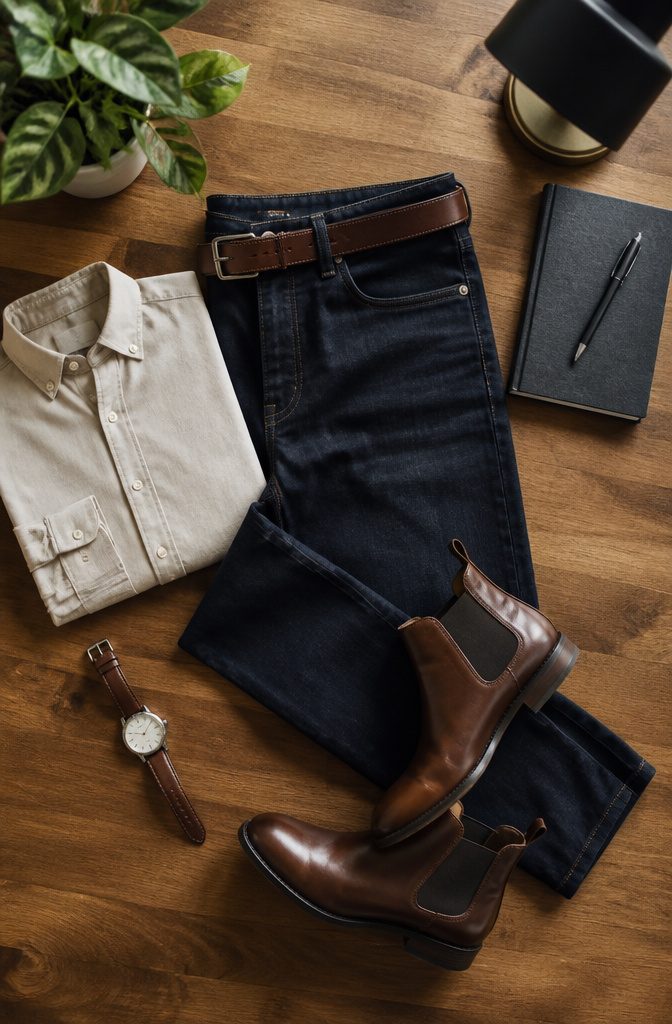 A display of grooming items and accessories for business casual attire.