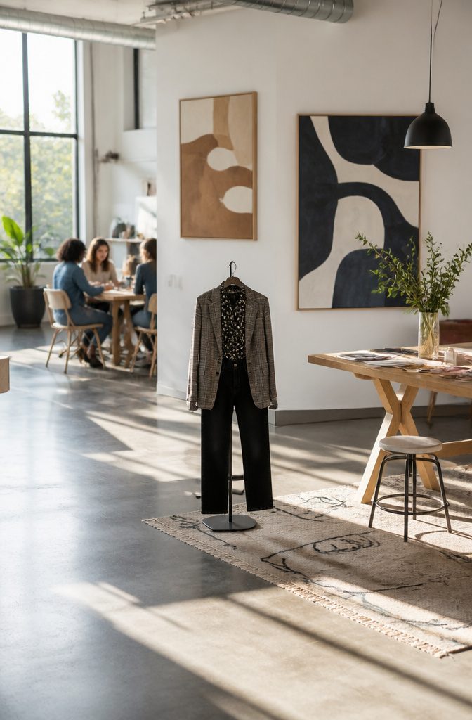 A depiction of jeans in a business casual office setting.
