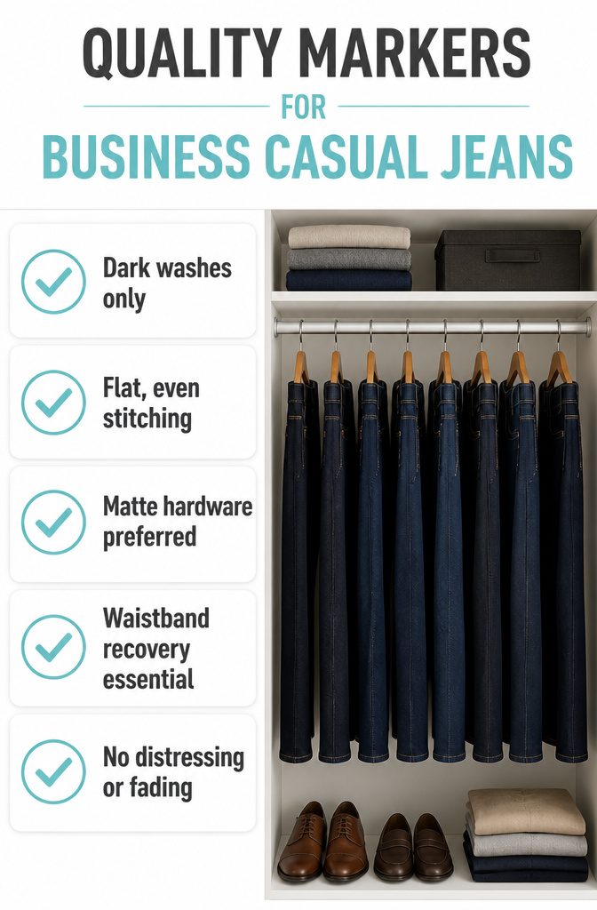 A checklist for assessing quality markers in business casual jeans.