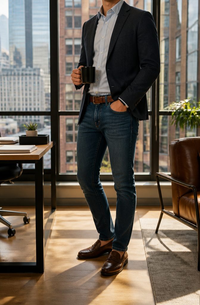 A pair of well-fitted jeans against an urban office backdrop.