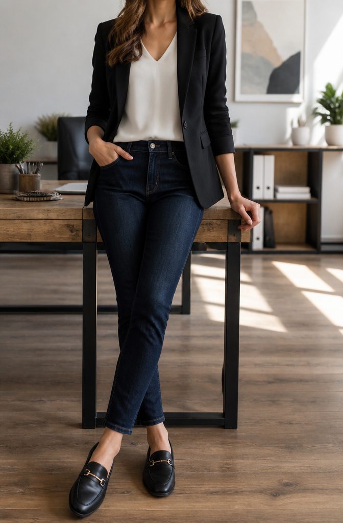 An outfit featuring jeans, a blazer, and polished shoes.