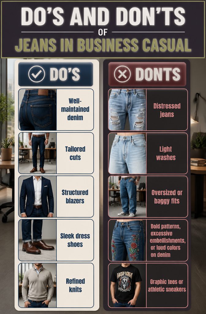 An informative image outlining do's and don'ts for jeans in business casual.