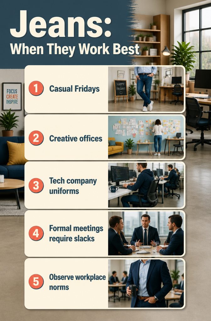 An infographic detailing when jeans are suitable in business settings.