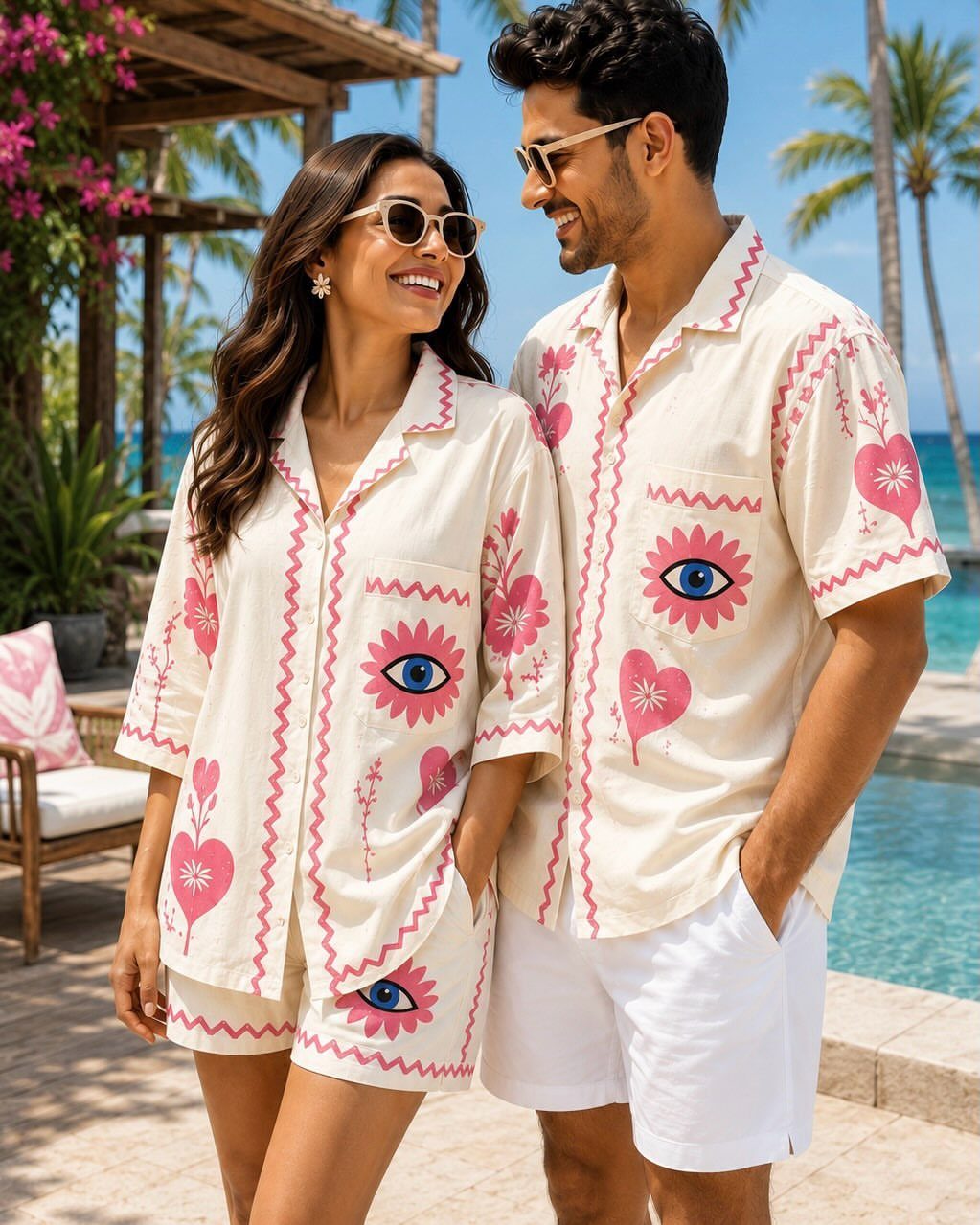 Man and woman smiling in matching cream and pink embroidered two-piece sets by a pool.