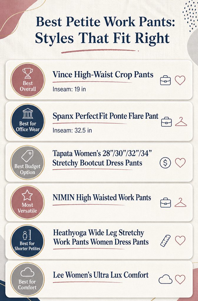 Infographic comparing different styles of petite work pants