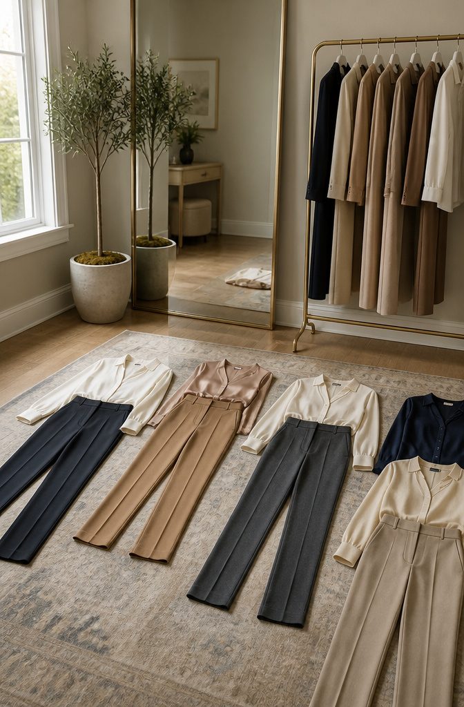 Minimalist dressing area with clothing and accessories displayed