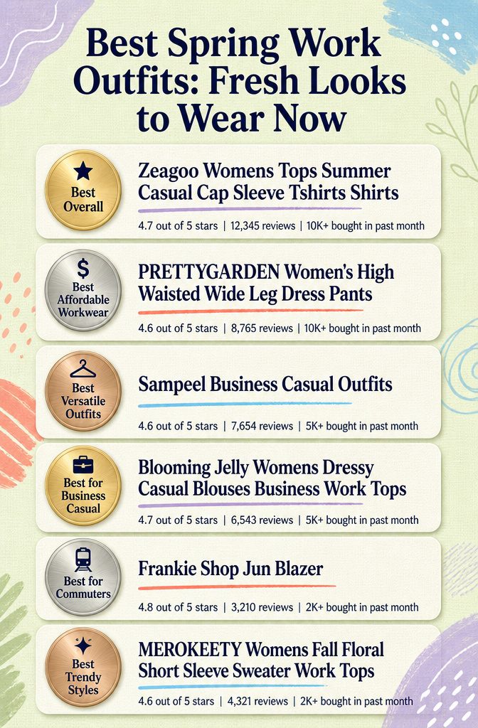 Infographic comparing different spring work outfits with product images