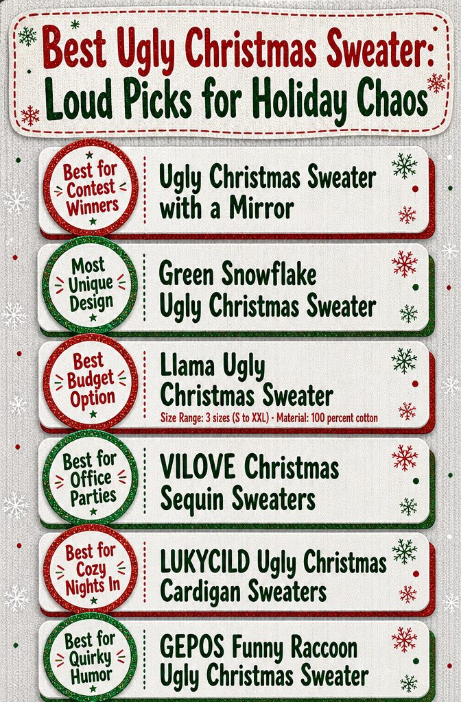 An infographic comparing different ugly Christmas sweaters with product details.
