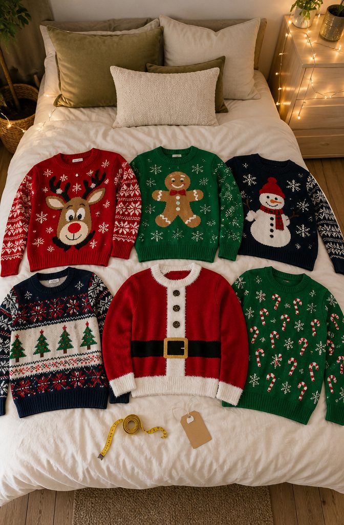 A well-lit display of various ugly Christmas sweaters in different sizes.