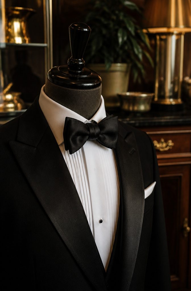 A close-up of a hand-tied black silk bow tie.