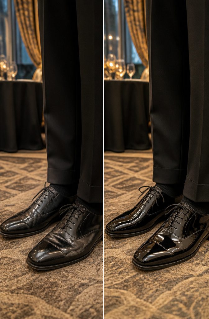 A pair of black patent leather Oxfords on a wooden floor.