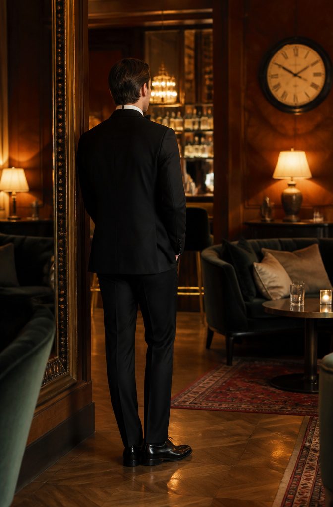 A man in a tuxedo stands in a sophisticated lounge setting.