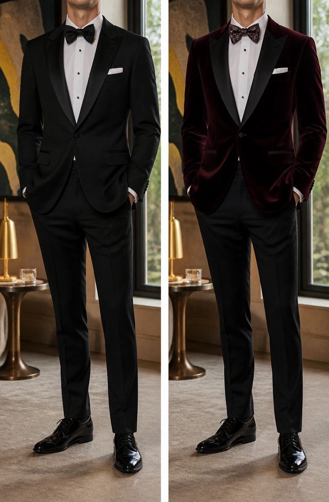 A velvet dinner jacket paired with black tuxedo trousers.