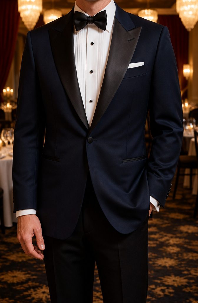 A midnight blue dinner jacket with satin lapels on a wooden floor.