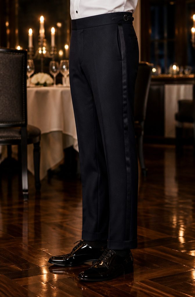A pair of formal trousers with a satin stripe on a polished floor.