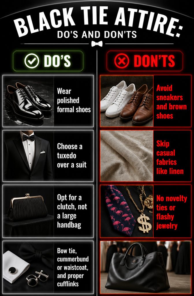 An image illustrating black tie attire do's and don'ts.