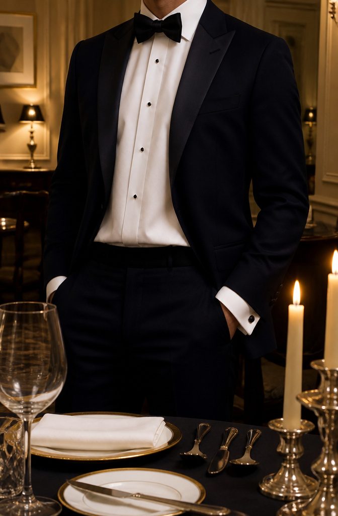 A white dress shirt with French cuffs and pleated front in dim lighting.