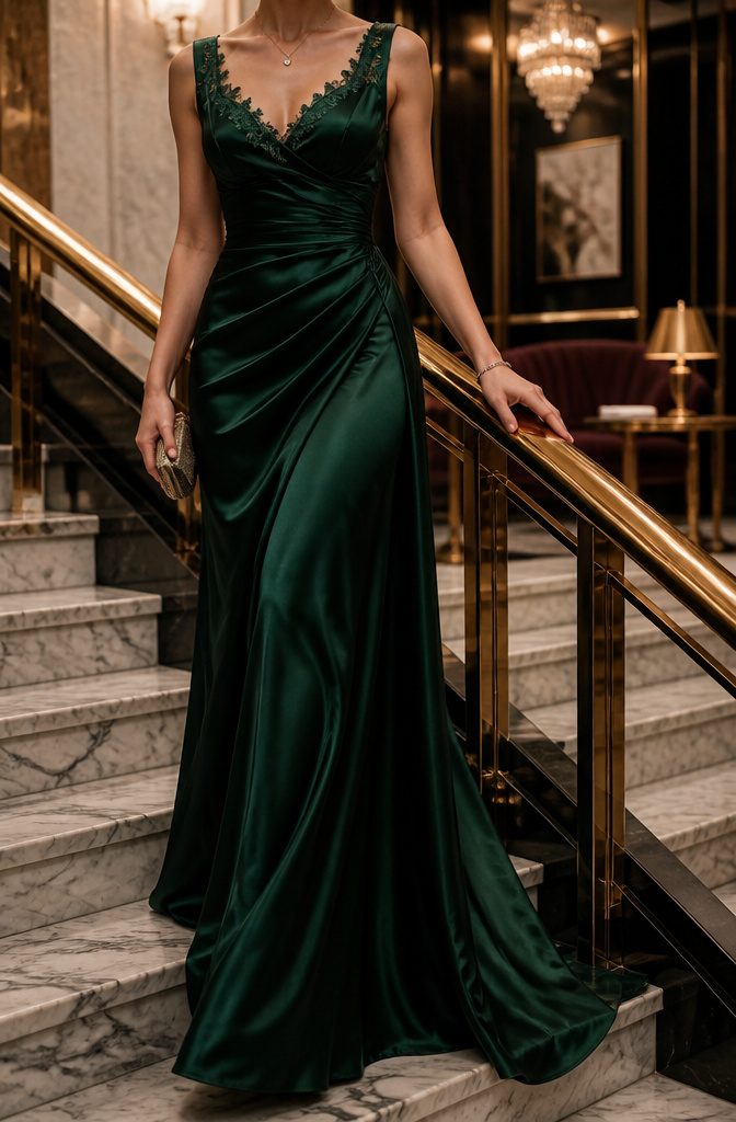 A woman in a deep emerald gown descending a marble staircase.