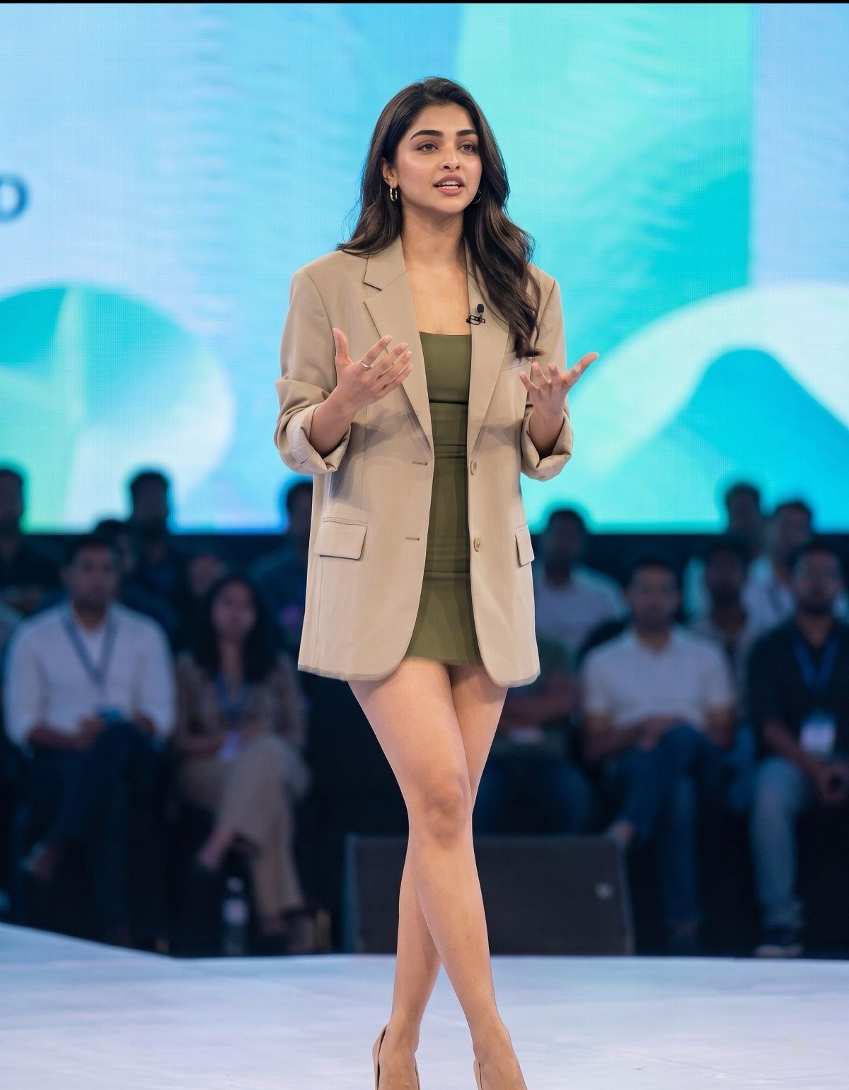 Woman walking on a runway wearing a tan blazer and a short olive green dress.