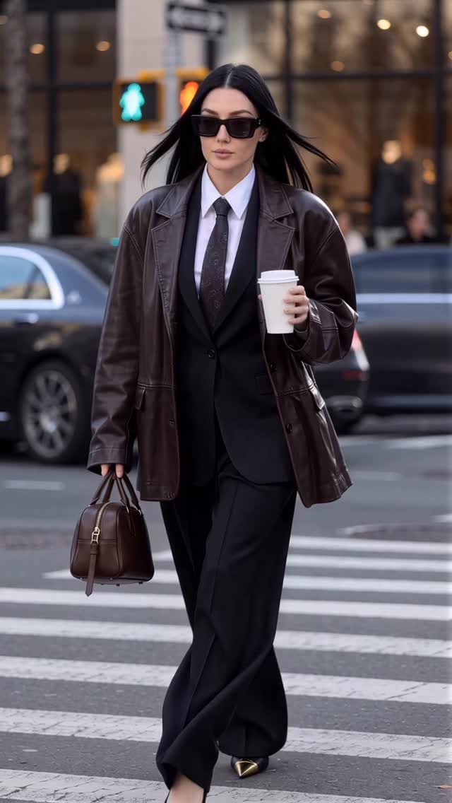 Woman in a brown leather blazer and black suit walking across a city street.