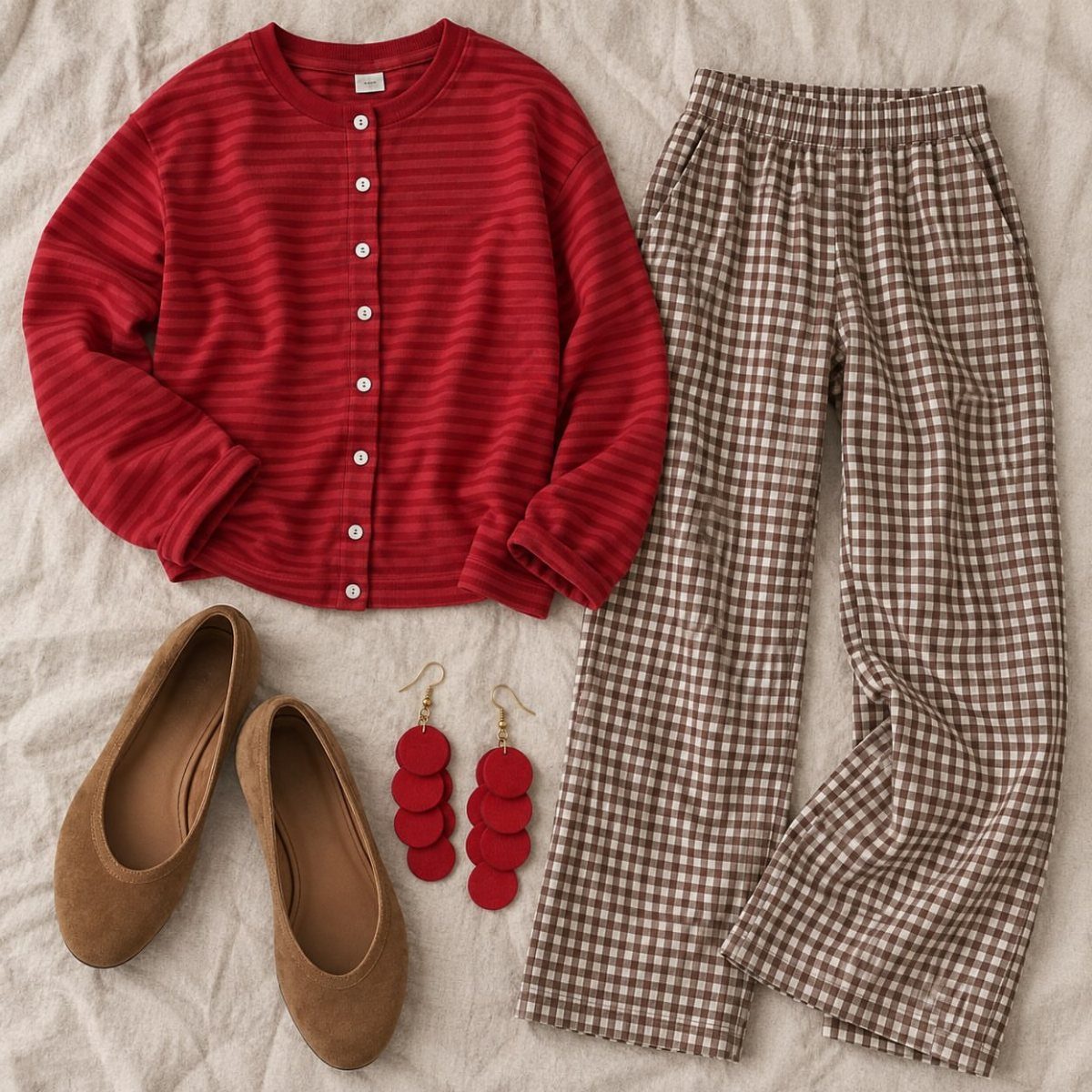 Red cardigan, gingham trousers, tan flats, and red earrings laid out on white fabric.