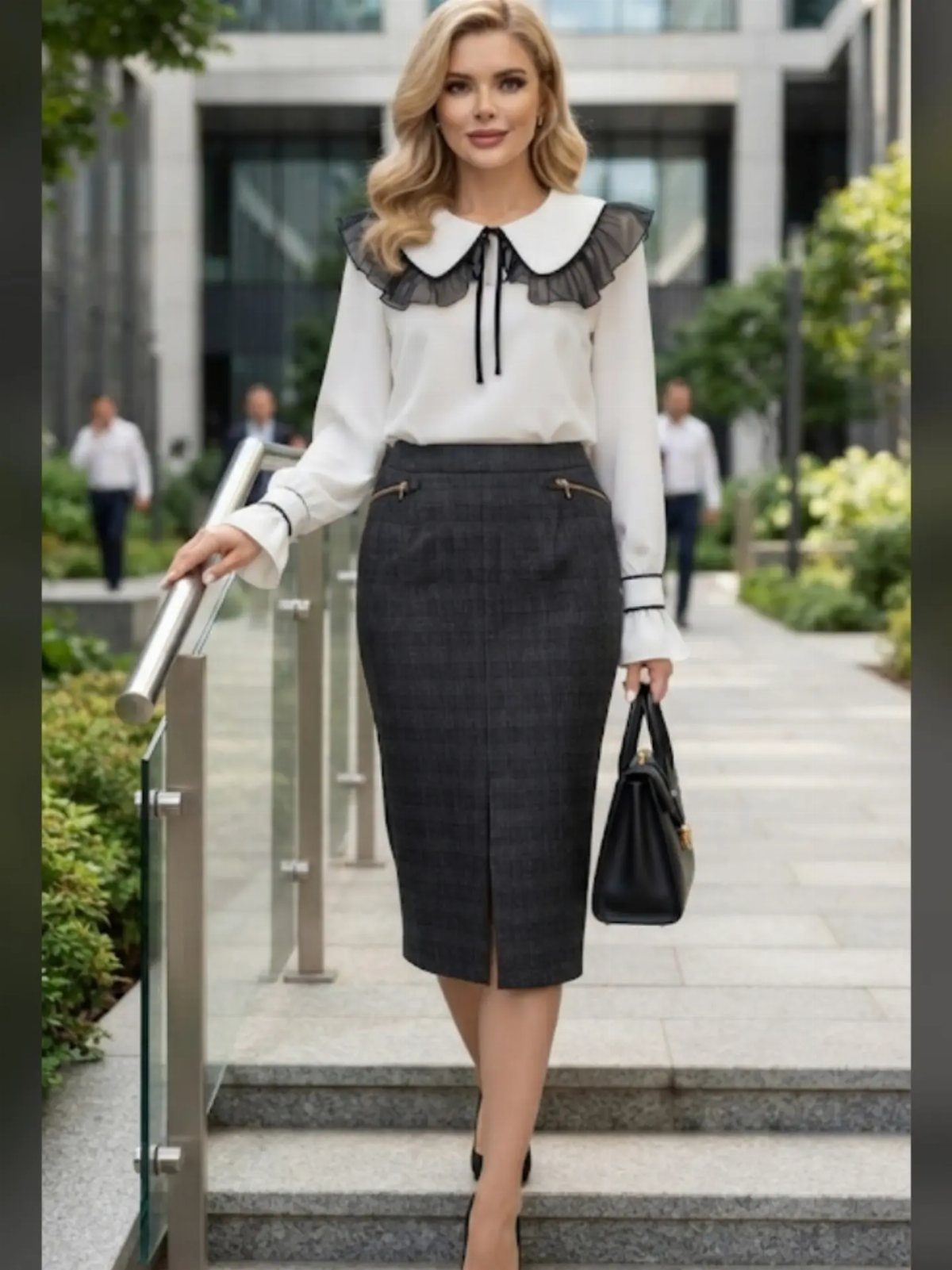 Blonde woman posing in a white ruffled blouse and a dark grey pencil skirt.