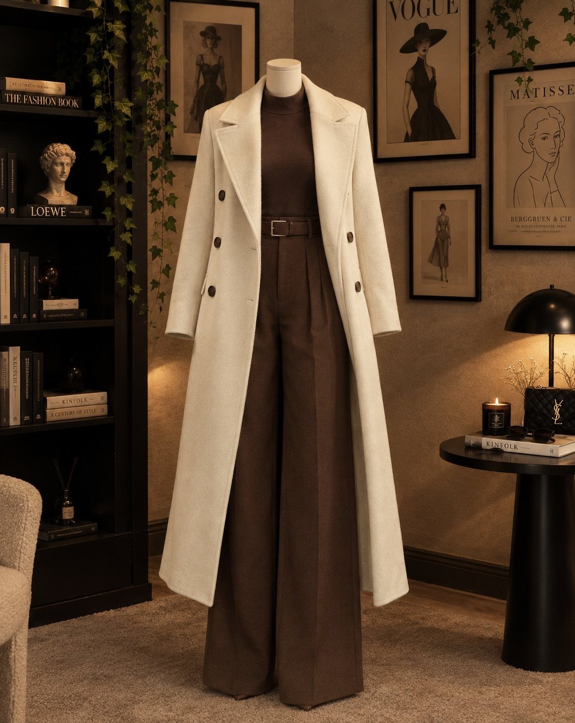 A white long coat displayed on a mannequin over brown turtleneck and wide-leg trousers.