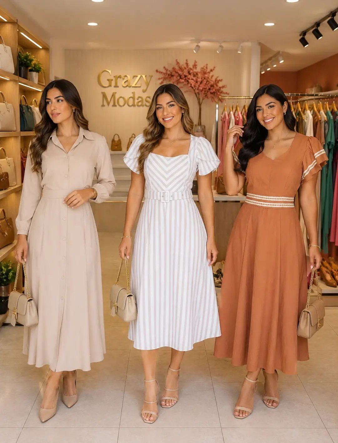 Three women posing in a boutique wearing various stylish midi-length dresses in neutral colors.