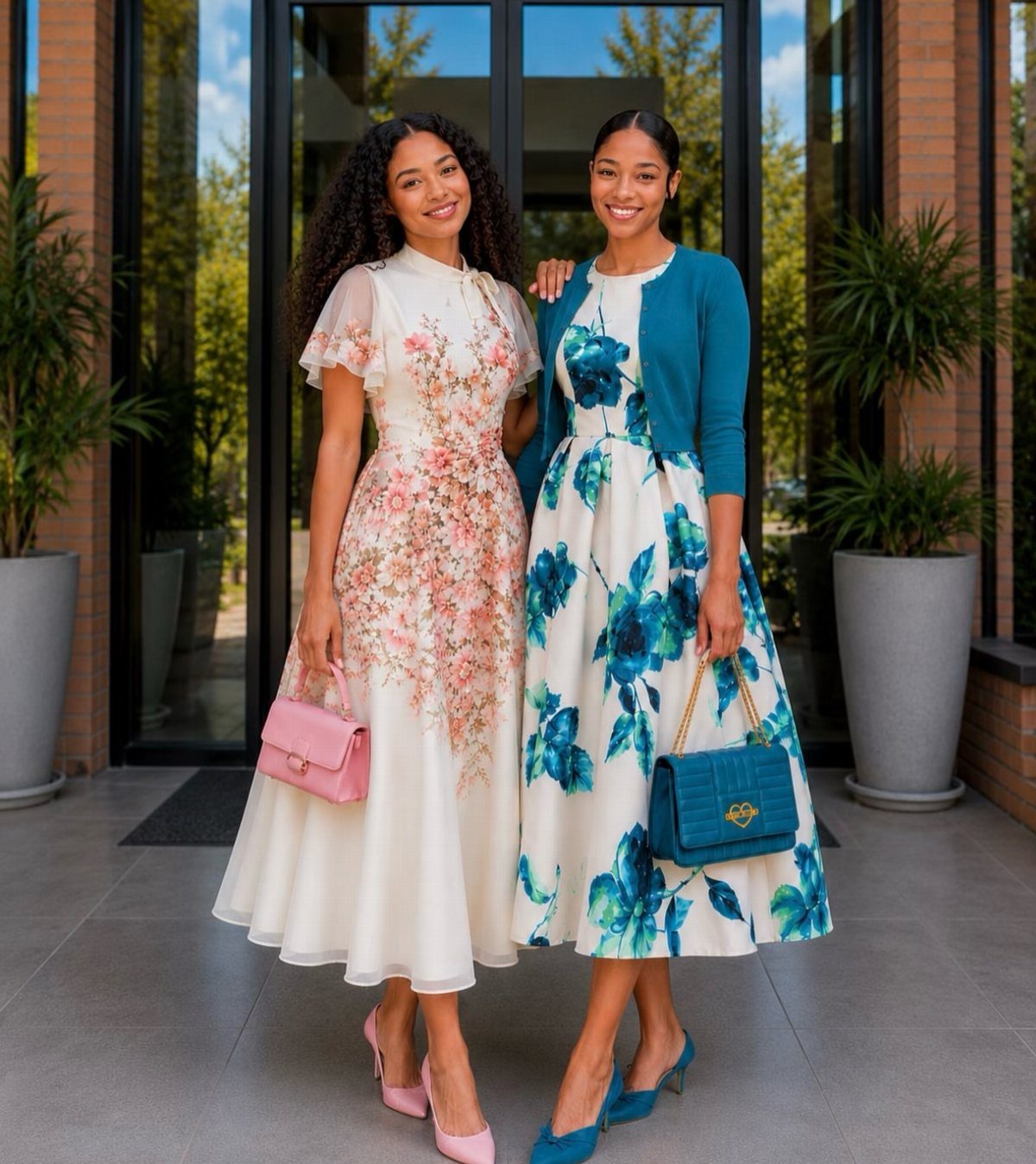 Two women posing in floral midi dresses and matching heels in front of a glass building.