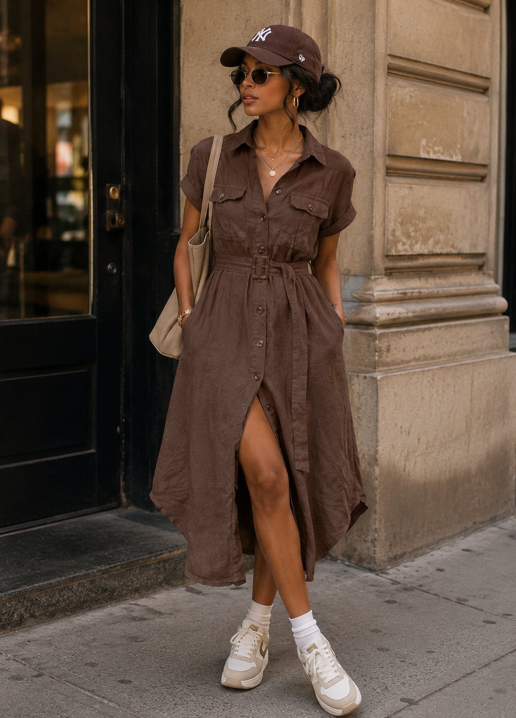 A woman in a brown button-down shirt dress, baseball cap, and white sneakers standing on a city sidewalk.