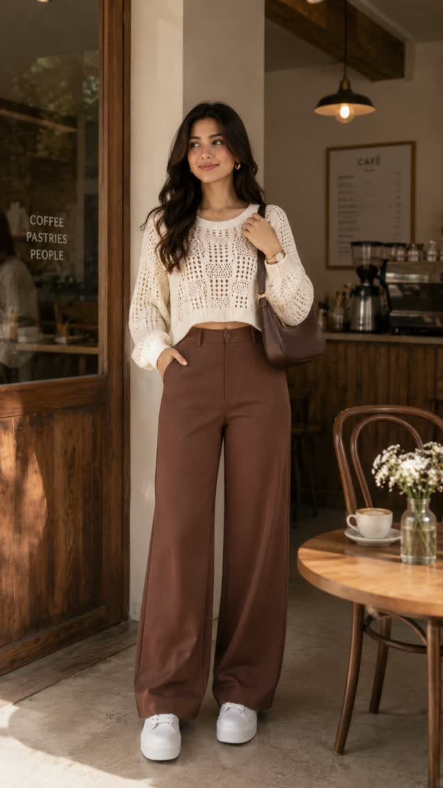 Woman wearing a white crocheted cropped top and wide-leg brown trousers standing outside a cafe.